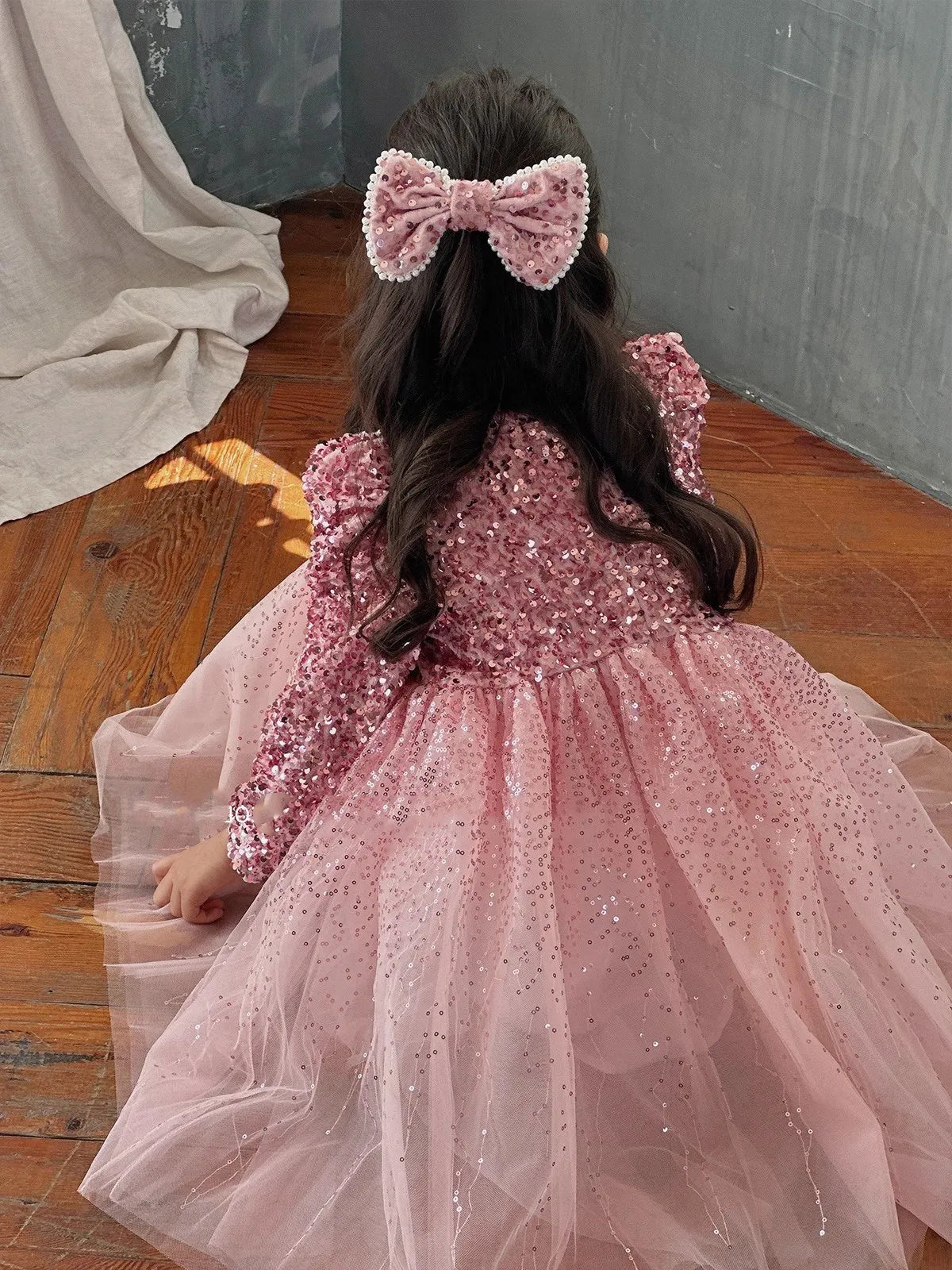 Winter Baby Girls Sequin Work Fleece Lined 4-Layer Mesh Zip Back Dresses with Head Veil Kids Outfit Children Sweet Skirt 2-8 Yr