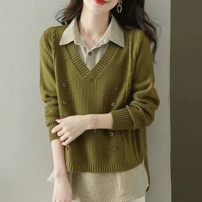 New Fake Two Piece Top Knit Sweater Women's Splice Shirt Collar Spring Autumn  Korean Loose Long Sleeve Sweater Female Pullover
