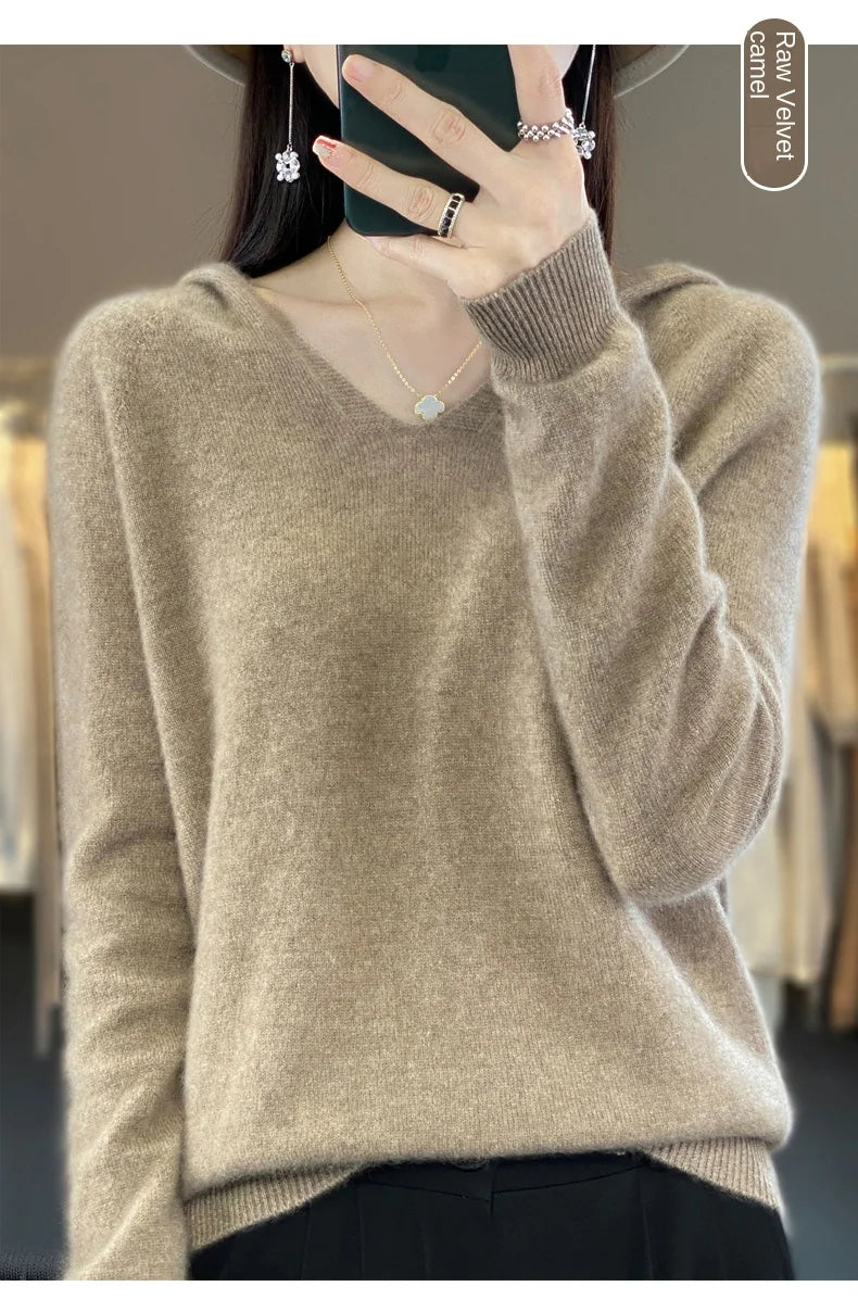 2024 100% Merino Pure Wool V-neck Hoodie Autumn/Winter Hoodie New Cashmere Sweater Women's Casual Knitted Top DMR207