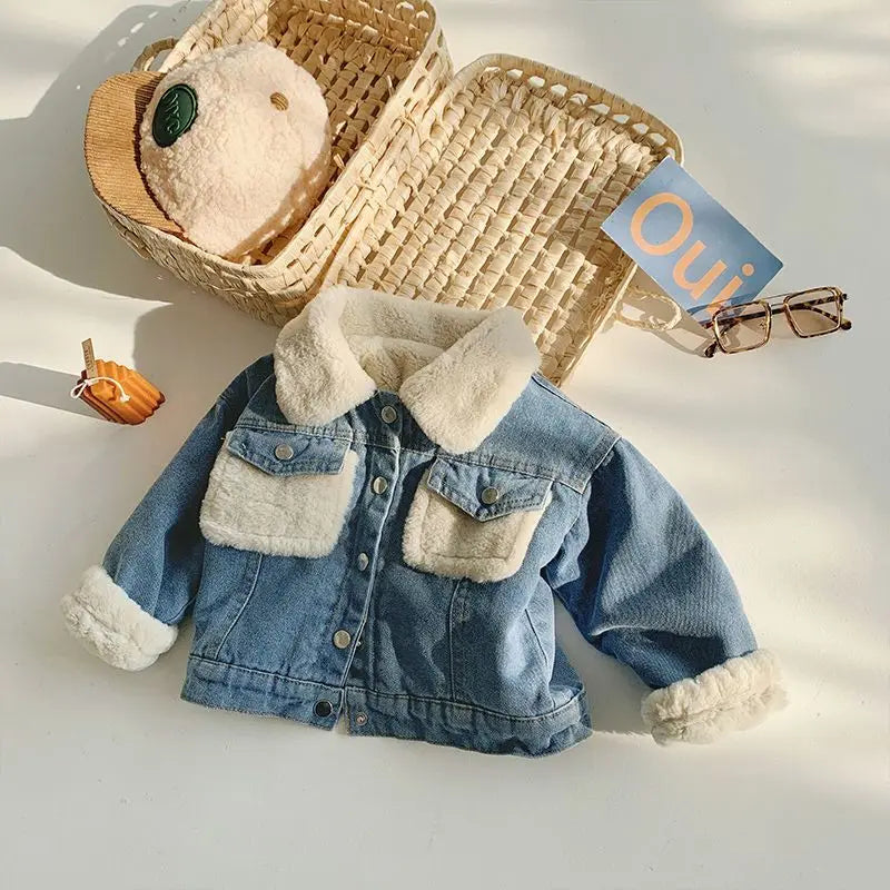 Boys Jacket Autumn and Winter New Children's Baby Plush Thickened Denim Coat  Children's Clothing Kids Winter Coats