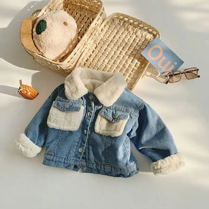 Boys Jacket Autumn and Winter New Children's Baby Plush Thickened Denim Coat  Children's Clothing Kids Winter Coats