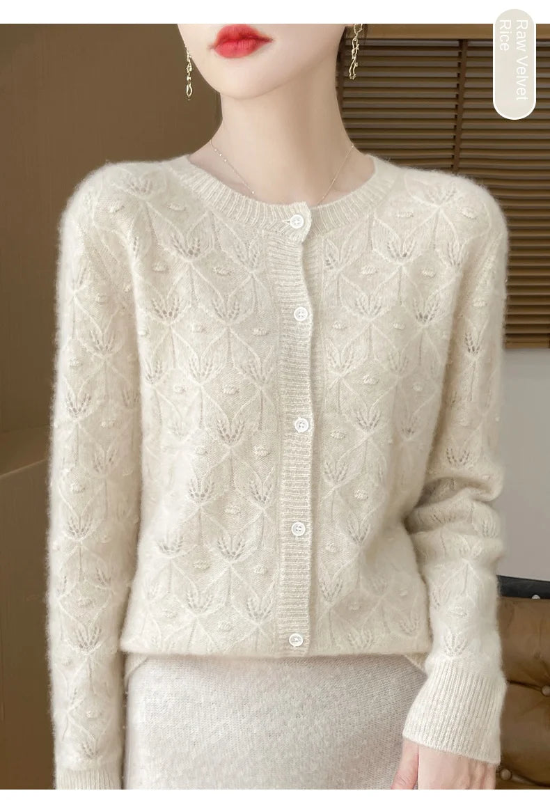 2024 Autumn And Winter New Round Neck Hollowed Out 100 Wool Knitted Cardigan Women's Versatile Coat Loose Casual Sweater DMR281