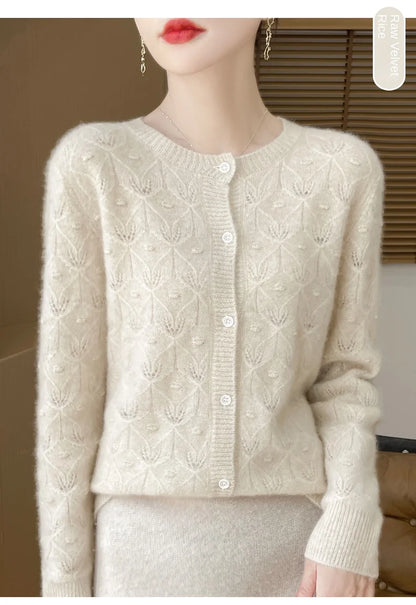 2024 Autumn And Winter New Round Neck Hollowed Out 100 Wool Knitted Cardigan Women's Versatile Coat Loose Casual Sweater DMR281