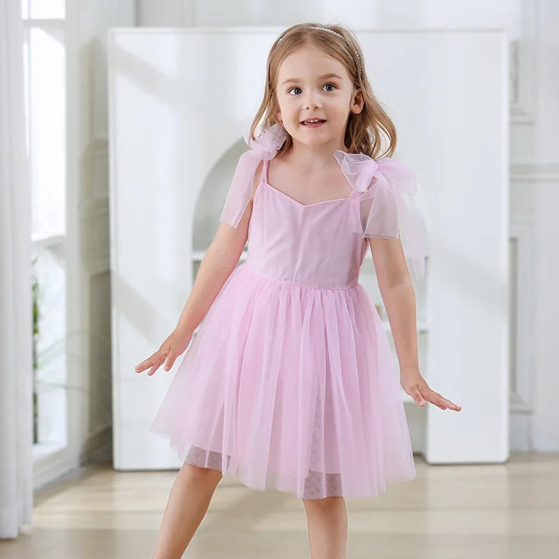 Flower Girl Dresses Pink Tulle Puffy With Bow Sleeveless Toddler Girls Baptism Wedding Birthday Party Dress Leisure Frocks