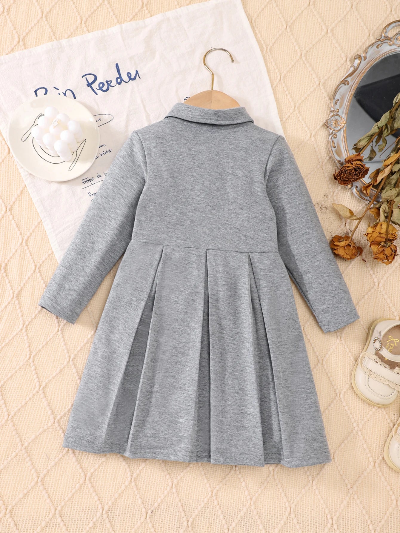 Autumn And Winter Girls' School-Style Dress For Outdoor Travel Grey Lapel Embroidered Long-Sleeved Pleated One-Piece Dress