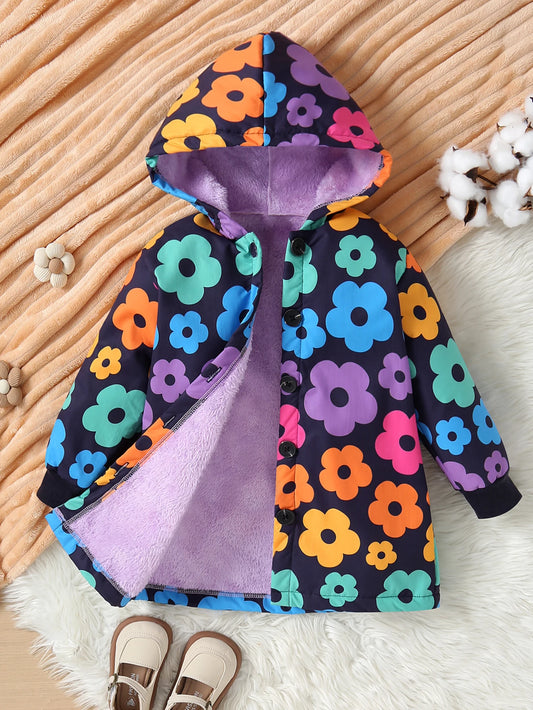 Winter New Girls' Coat With Plush Print Hooded Coat Suitable For Keeping Children Warm Medium To Long And Versatile