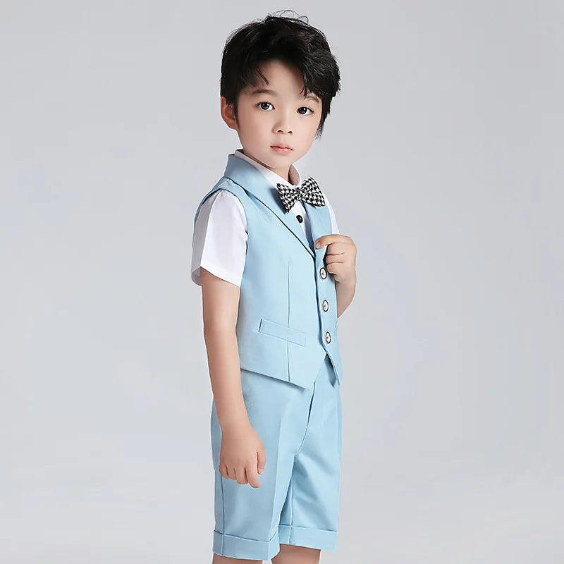 Boys Summer Vest Shirt Shorts Formal Dress Kids Candy Color Waistcoat Wedding Clothes Sets Child Uniforms Toddler Tuxedo Costume