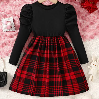Girls' Autumn and Winter Casual Fashion Knitted Round Neck Ribbed Horn Sleeve Plaid Dress Campus Dress