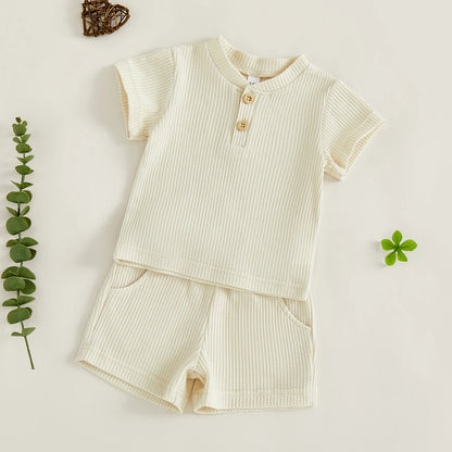 Toddler Baby Boys Summer Clothing Sets Solid Color Short Sleeve O-neck Button Waffle T-shirts Tops with Shorts 2ocs Outfits