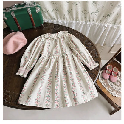 Girls Dress 2025 Autumn New French Floral Doll Collar Style Handmade Embracing Long Sleeve Childrens Princess Skirt