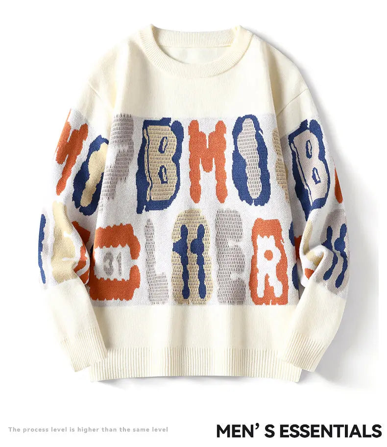 New Graffiti Printed Winter Letter Warm Men's Knitted Sweater Fashion Hoodies Loose Warm Street Autumn Woolen Pullover