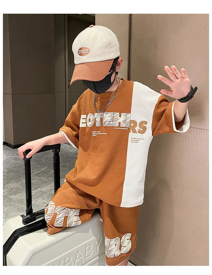 4 5 6 8 10 12 14 Years Summer Boys Clothing Sets New Fashion Letter Top + Shorts 2Pcs Kids Tracksuit Birthday Gifts Kids Clothes