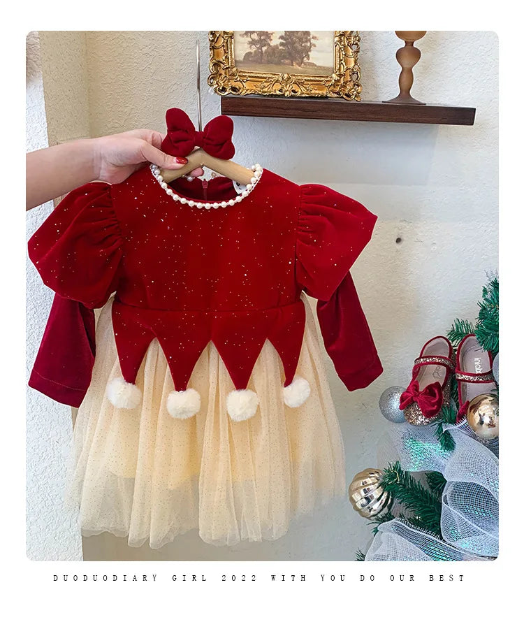 Winter Bow Sequin Dress for Girls' 2025 New Fashion Baby Red Christmas Dresses Velvet Patchwork Mesh A-line Princess Dress
