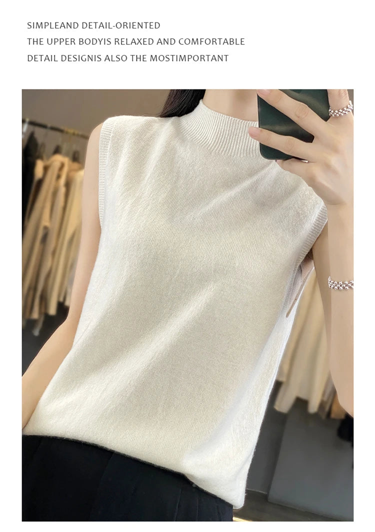 2024 Cashmere Vest Women's 100% Merino Wool Pullover Indoor Sleeveless Sweater Half-turtleneck Office Tops Waistcoat
