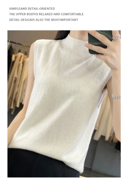 2024 Cashmere Vest Women's 100% Merino Wool Pullover Indoor Sleeveless Sweater Half-turtleneck Office Tops Waistcoat