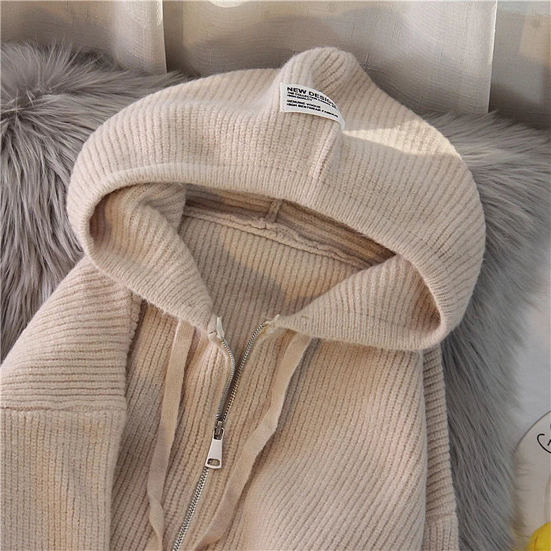 Women Cardigan Sweater Coat Hooded Fashion Solid color Sweater Female  zipper Knitted Spring Autumn Oversize Sweater Overcoat