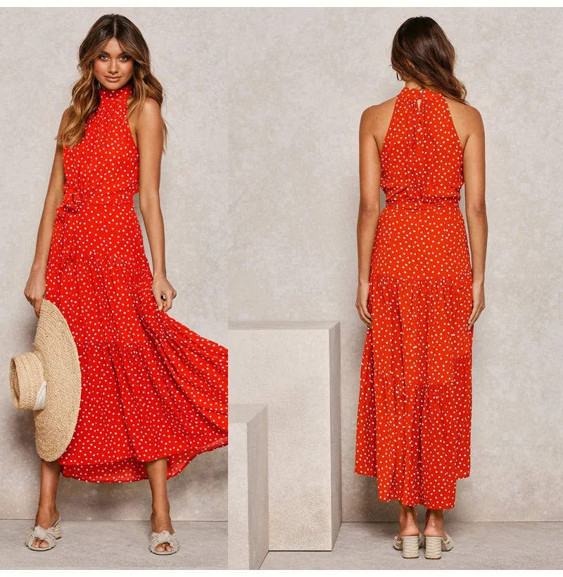 Summer Floral Print Halter Neck Dresses For Women Sleeveless Leace-up Long Dress Casual Beach Holiday Vestidos Female Clothing