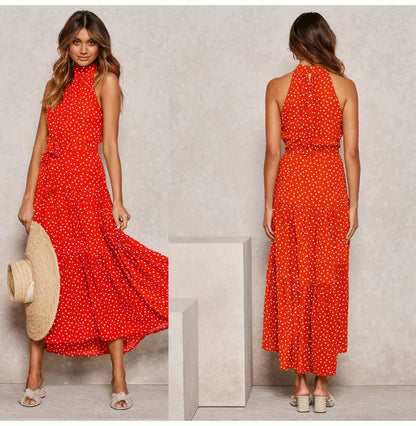 Summer Floral Print Halter Neck Dresses For Women Sleeveless Leace-up Long Dress Casual Beach Holiday Vestidos Female Clothing
