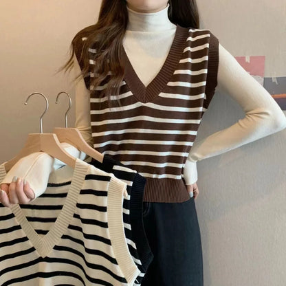 Women Autumn Winter Preppy Style Sweater Vest New Fashion Pullover Elastic Knit Ladies Jumper Casual Stripped Female Basic Tops