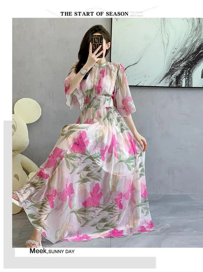 Summer Holiday Floral Dress Women Beach Flower Print Flare Sleeve Back Bow Lace Up High Waist Draped Chiffon Party Long Vestidos