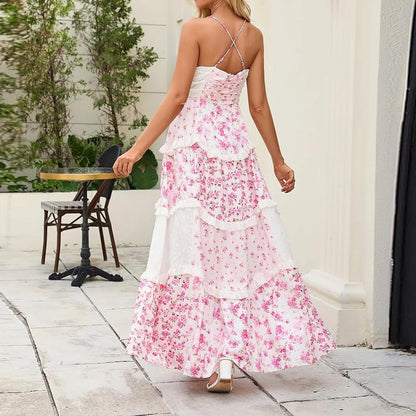 Women'S Spring/Summer Casual V-Neck Floral Printed Beach Midi Dresses Vestido Mujer Summer Dress Robe Femmes Dress Women