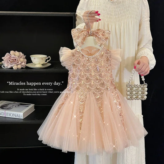 Girls Dress 2025 Summer New Children Elegant Princess Dress Baby Fashion Mesh Flying Sleeve Tank Top Dress