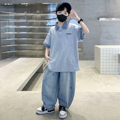 Boys Summer Clothing Set Children Short-Sleeve Polo Shirt Top+ Denim Pants Two-Piece Set 2025 New