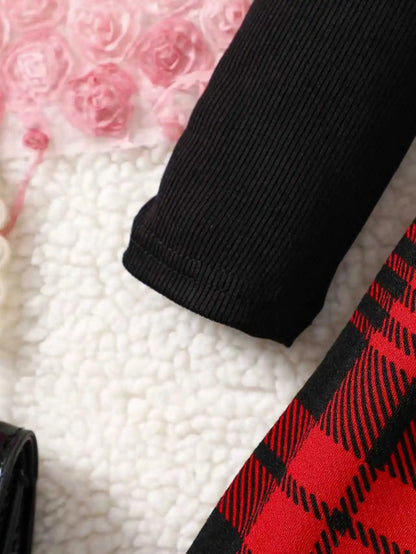 Girls' Autumn and Winter Casual Fashion Knitted Round Neck Ribbed Horn Sleeve Plaid Dress Campus Dress