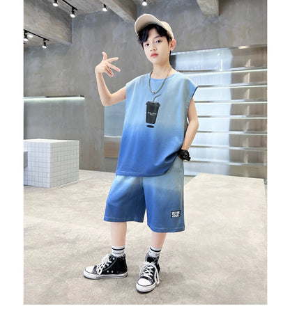 Fashion Boys Summer Top and Bottom set Clothing for Kids Child Casual Sleeveless Tshirt And Shorts Two Pieces Tracksuit Outfit