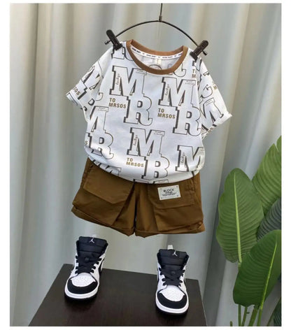 Boys Summer Short Sleeve Set 2024 New Fashionable Baby Clothes Boys Handsome Clothes Children's Letter Two Piece Set
