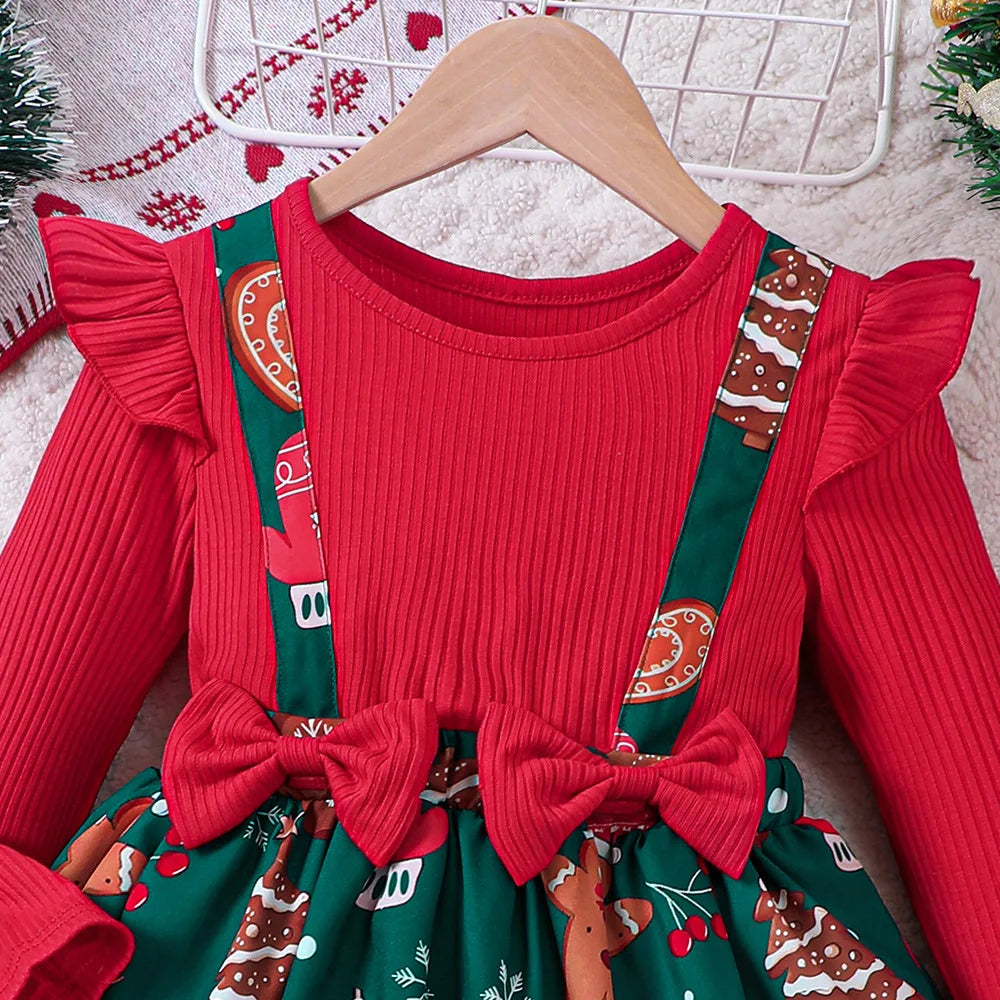 Kids Christmas Dress for Girls Clothes Autumn Winter 2024 New Child Cute Cartoon Print Long Sleeve Princess Dress Casual 2-8Y