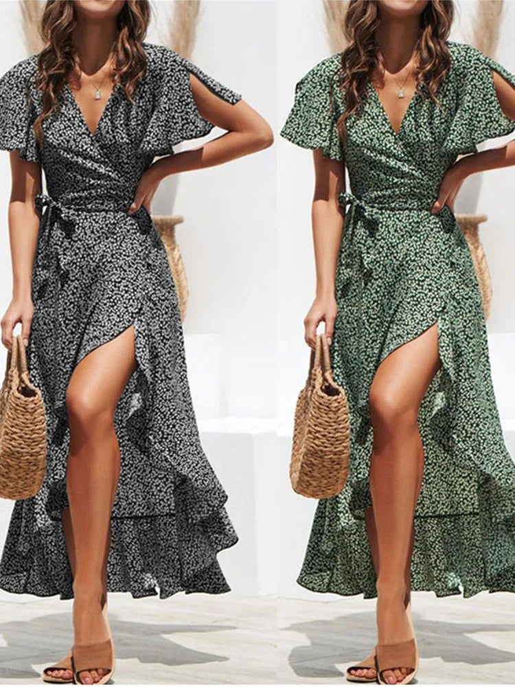 Summer Beach Maxi Dress Women Floral Print Boho Long Chiffon Dress Ruffles Wrap Casual V-Neck Split Sexy Party Dress Robe Femme