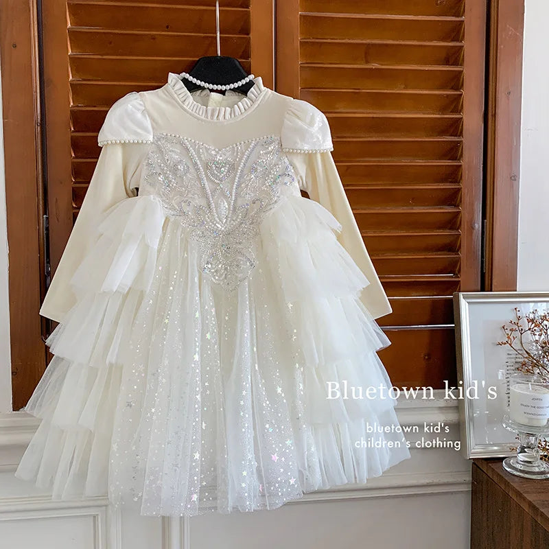 Girls' Winter Dress Light Luxury High End Birthday Banquet Performance Flower Girl Sleeve Thickened Skirt Plush Princess Dress