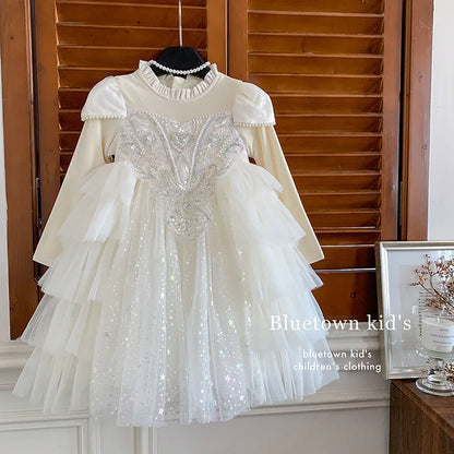 Girls' Winter Dress Light Luxury High End Birthday Banquet Performance Flower Girl Sleeve Thickened Skirt Plush Princess Dress