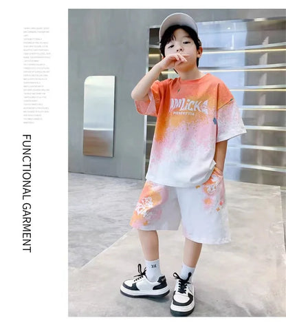 Boys Loose Casual Sets Summer Teen Gradient T-shirts+Shorts 2Pcs Big Kids Sport Short Sleeve Clothes Suits Children Print Outfit