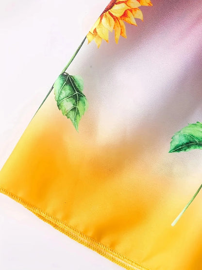 Summer style dress for girls aged 1-8, with suspender straps, pleated sunflower print, rustic style, for baby girls