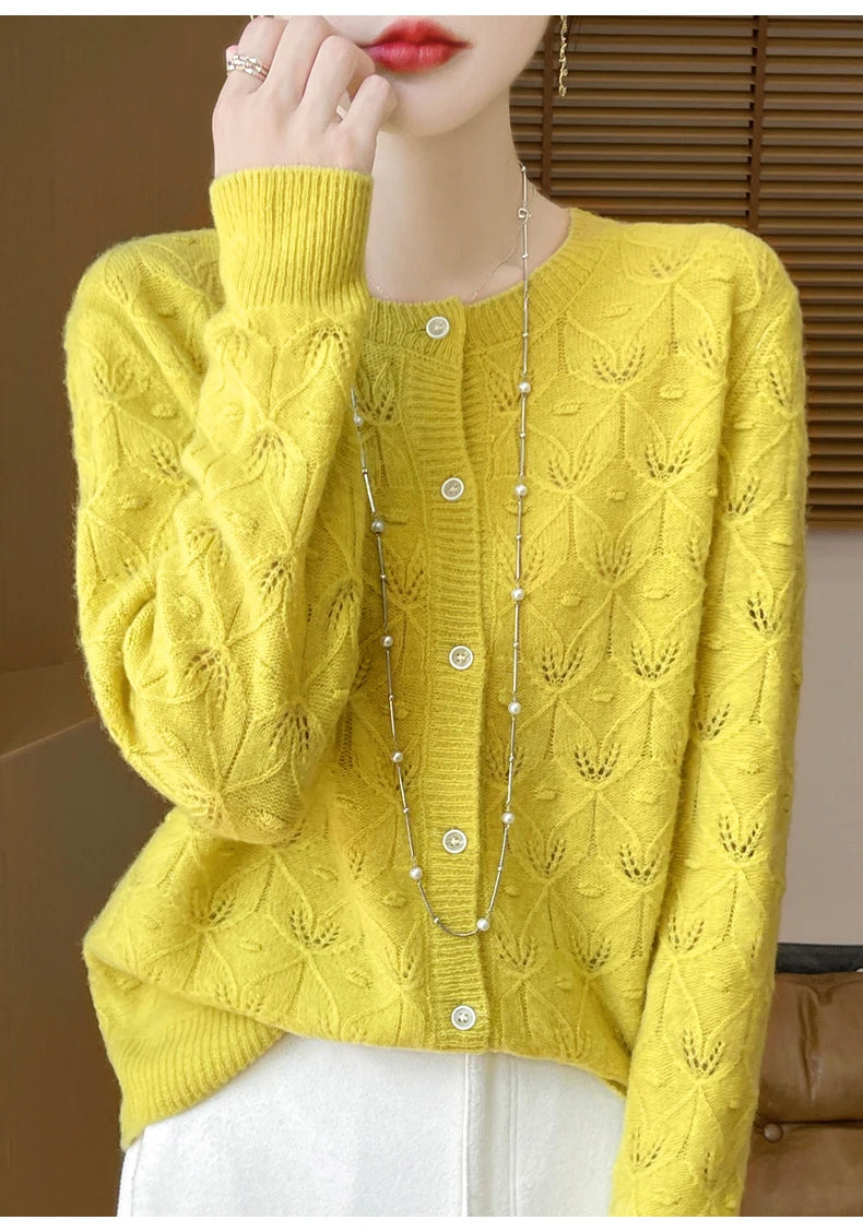 2024 Autumn And Winter New Round Neck Hollowed Out 100 Wool Knitted Cardigan Women's Versatile Coat Loose Casual Sweater DMR281