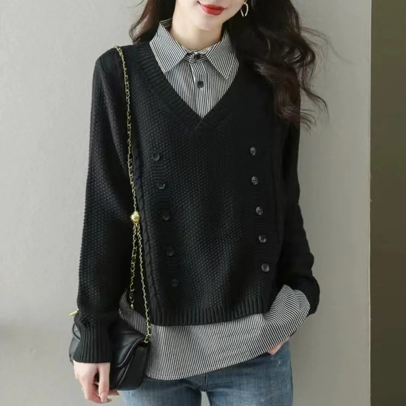 New Fake Two Piece Top Knit Sweater Women's Splice Shirt Collar Spring Autumn  Korean Loose Long Sleeve Sweater Female Pullover