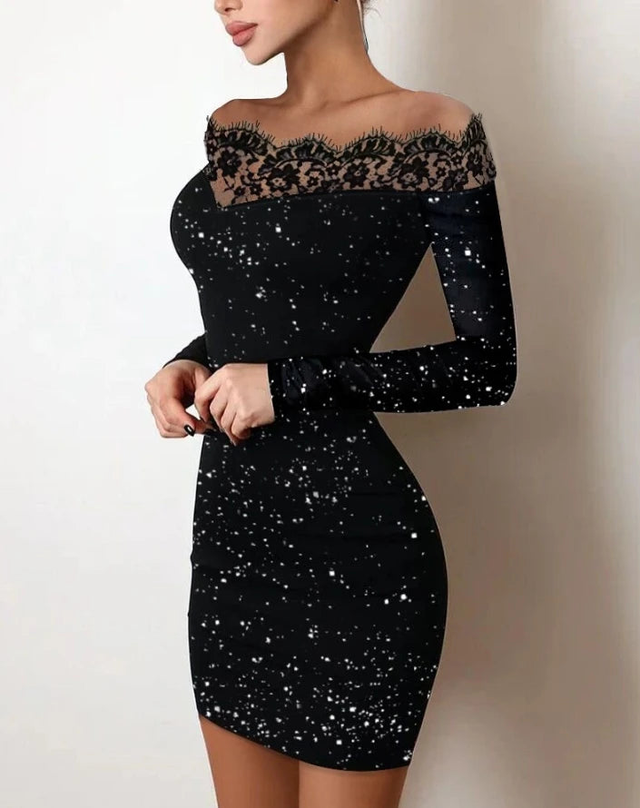 Women's Dresses 2022 Summer Fashion Sexy Off Shoulder Contrast Lace Glitter Plain Skinny Party Mini Long Sleeve Dress