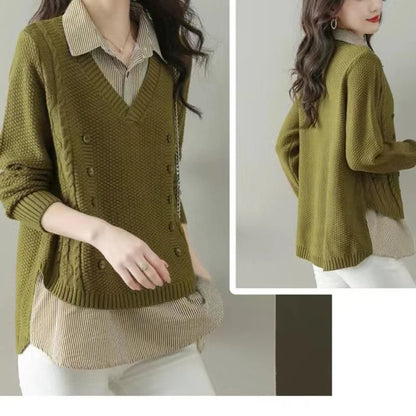 New Fake Two Piece Top Knit Sweater Women's Splice Shirt Collar Spring Autumn  Korean Loose Long Sleeve Sweater Female Pullover