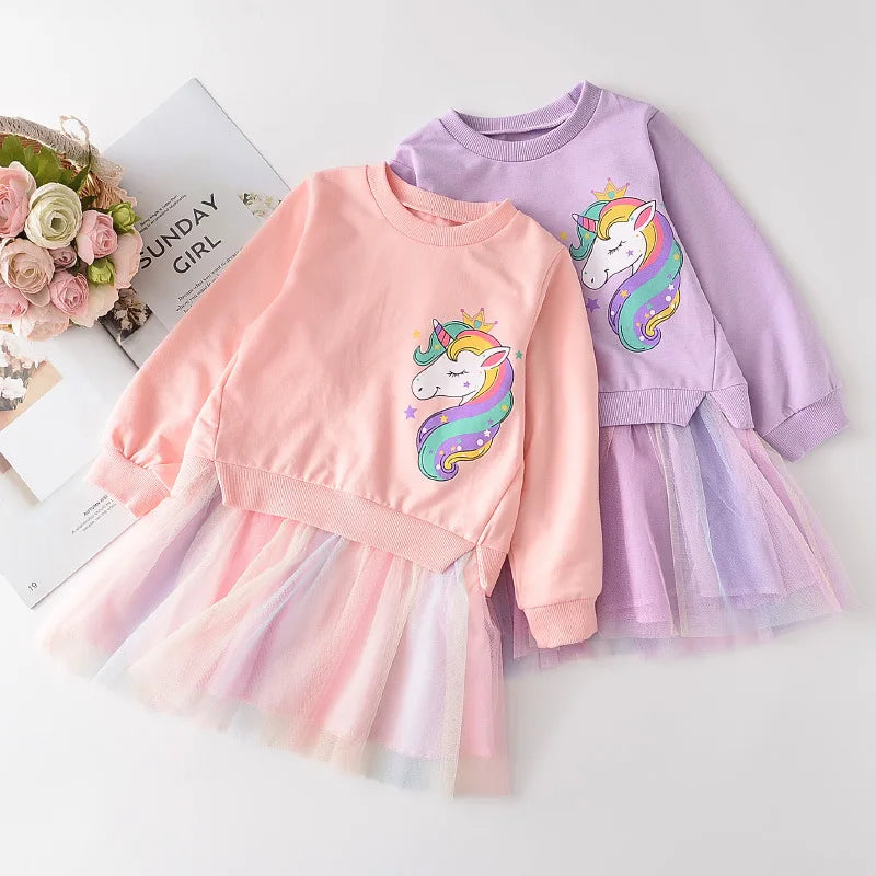 Girl Unicorn Princess Dress 2025 New Winter Girl Dress Children's Unicolor Sweaters + Mesh Dress Set Children's Clothing 2-8Y