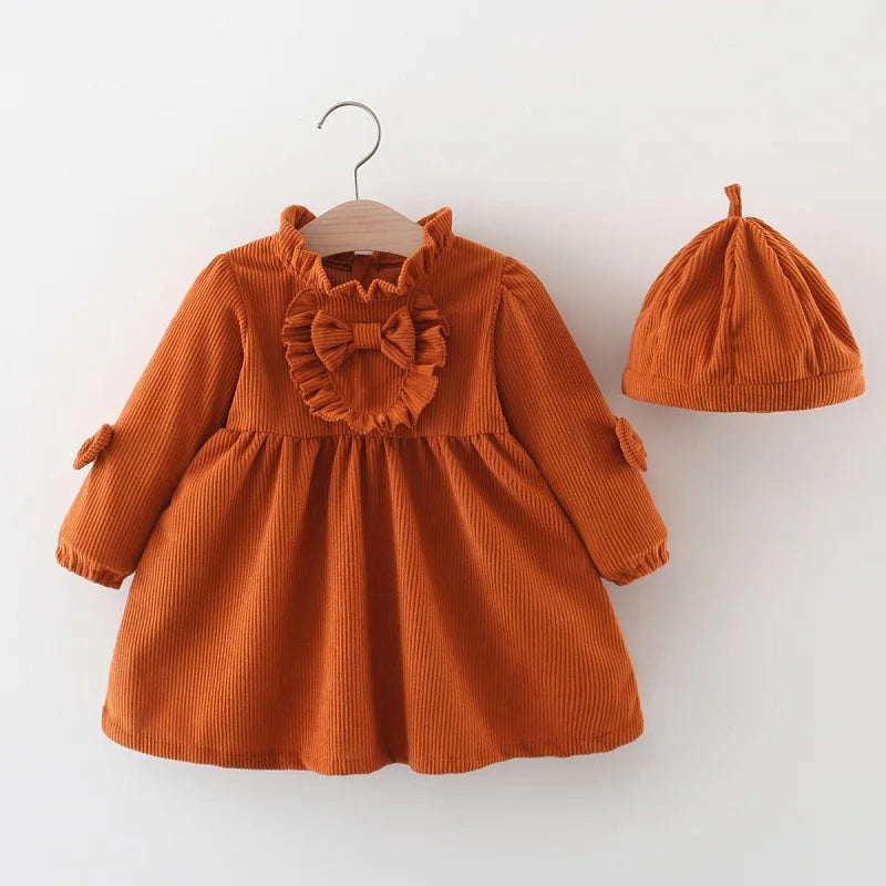 Winter New Girls' Dress Lace Pleated Bow Solid Color Two-Piece Long-Sleeved Dress + Cap Puffed Sleeve Lace Neckline
