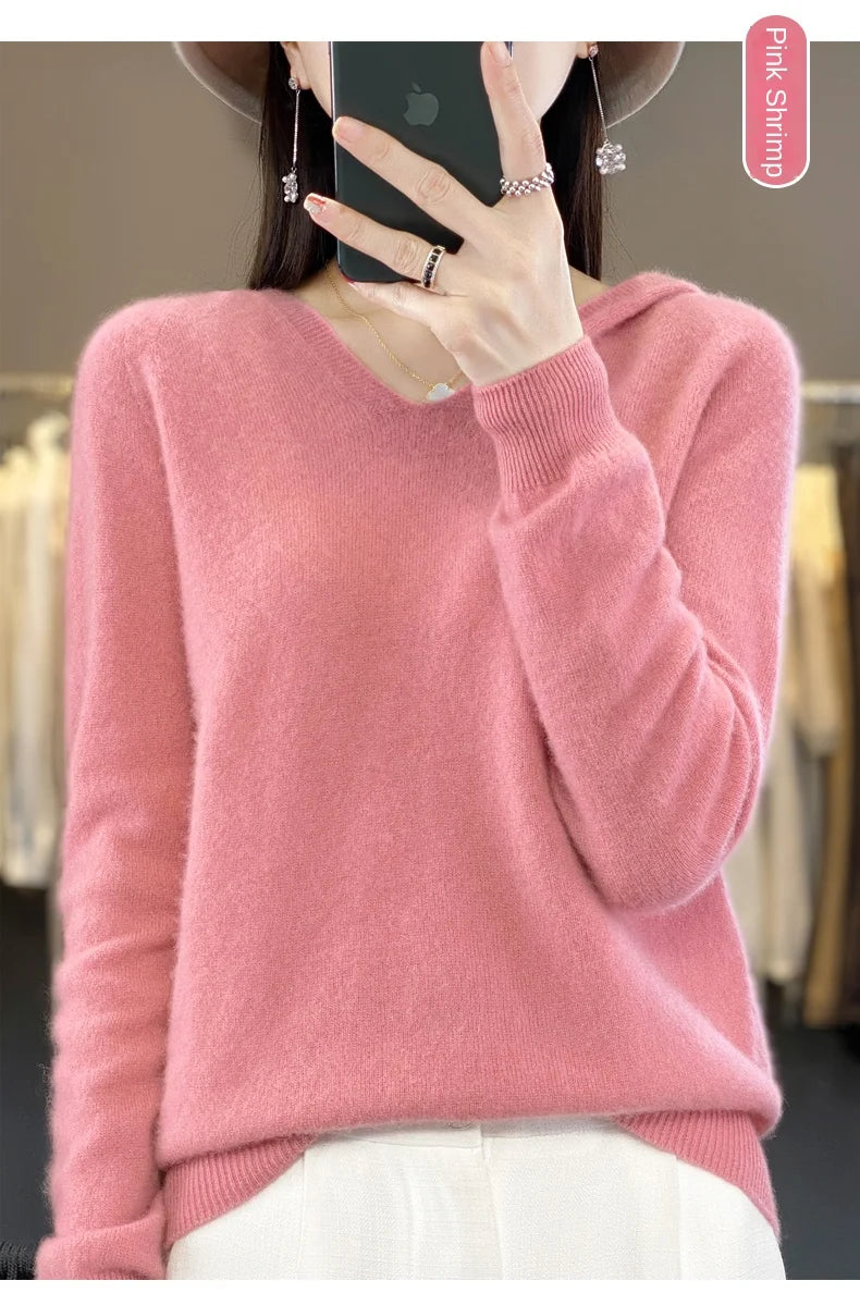 2024 100% Merino Pure Wool V-neck Hoodie Autumn/Winter Hoodie New Cashmere Sweater Women's Casual Knitted Top DMR207