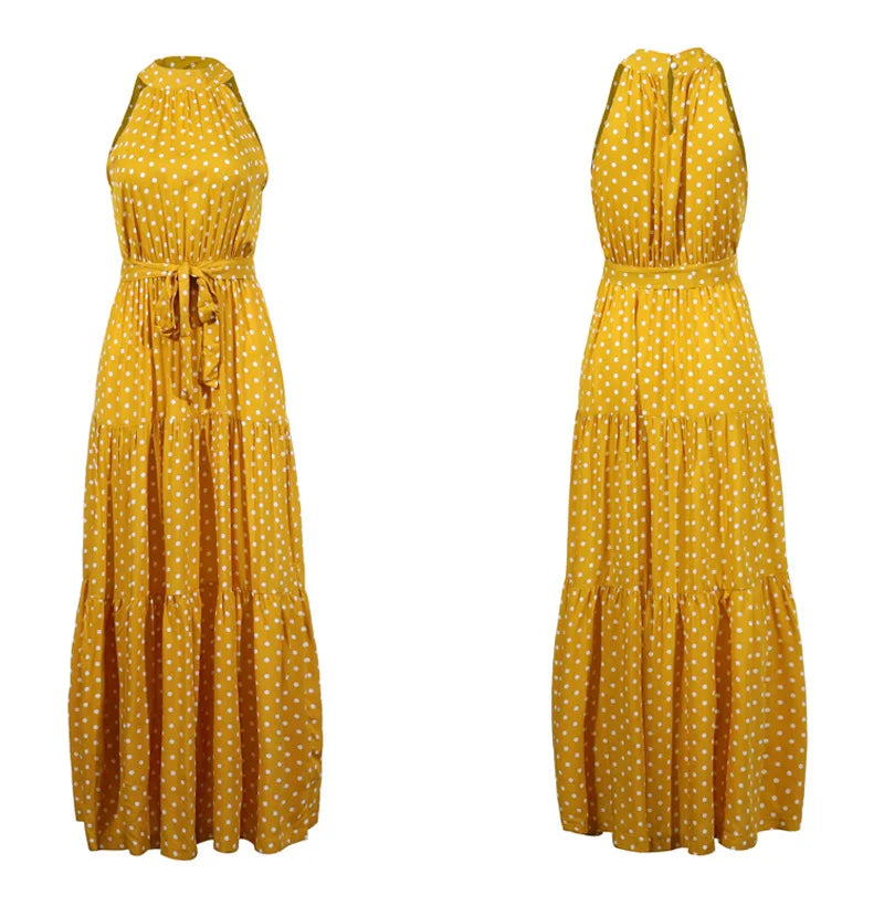 Summer Floral Print Halter Neck Dresses For Women Sleeveless Leace-up Long Dress Casual Beach Holiday Vestidos Female Clothing