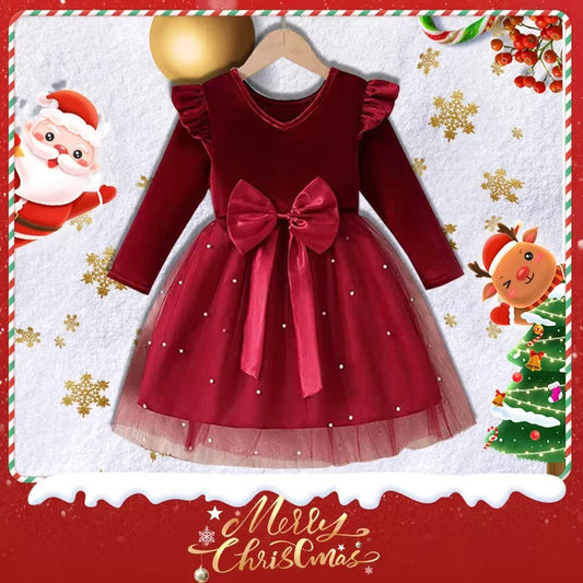 2025 Autumn Winter Girls' Christmas Party Dress with Bow, Elegant Princess Gown for Holiday Pageant & Formal Events