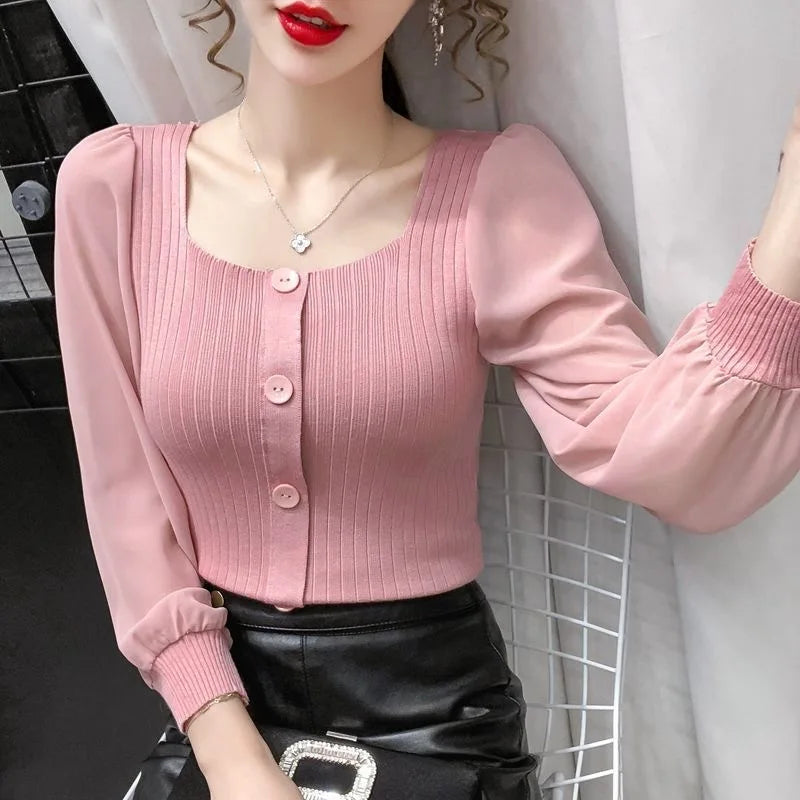 Women Spring Autumn Style Pulloverr Sweaters Lady Casual Long Sleeve Square Collar Knitted Patchwork Pullover Tops WY1022