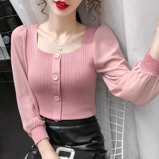 Women Spring Autumn Style Pulloverr Sweaters Lady Casual Long Sleeve Square Collar Knitted Patchwork Pullover Tops WY1022