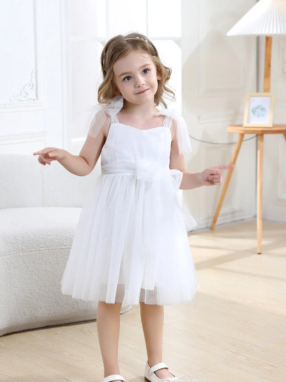 Flower Girl Dresses Pink Tulle Puffy With Bow Sleeveless Toddler Girls Baptism Wedding Birthday Party Dress Leisure Frocks