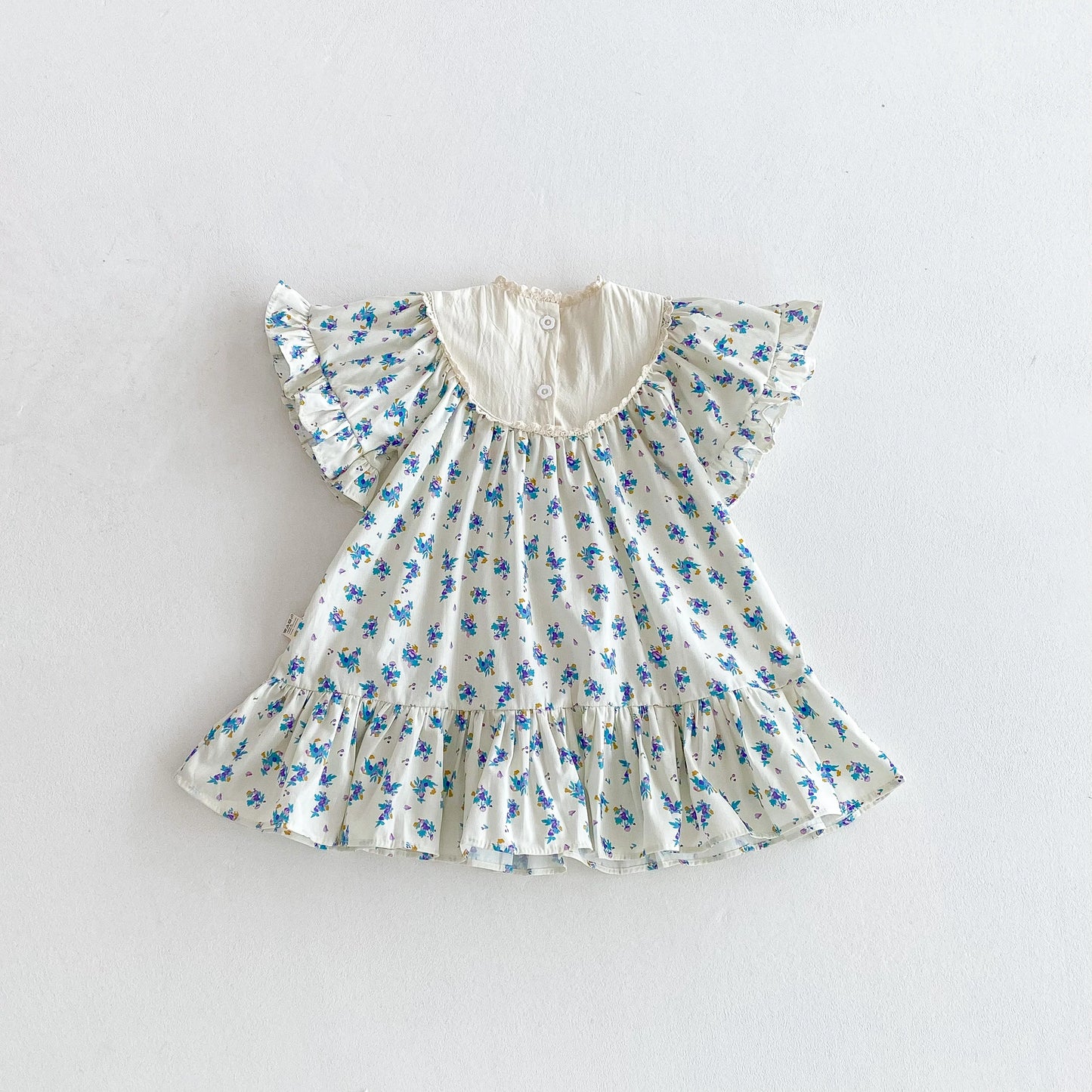 Summer girls' dress, bow-embroidered fly-sleeved dress, floral printed casual dress