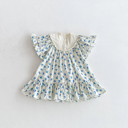 Summer girls' dress, bow-embroidered fly-sleeved dress, floral printed casual dress